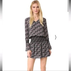 Derek Lam 10 Crosby Dress 4 Black/Red Smocked Floral Silk Boho Bell Sleeve Mini